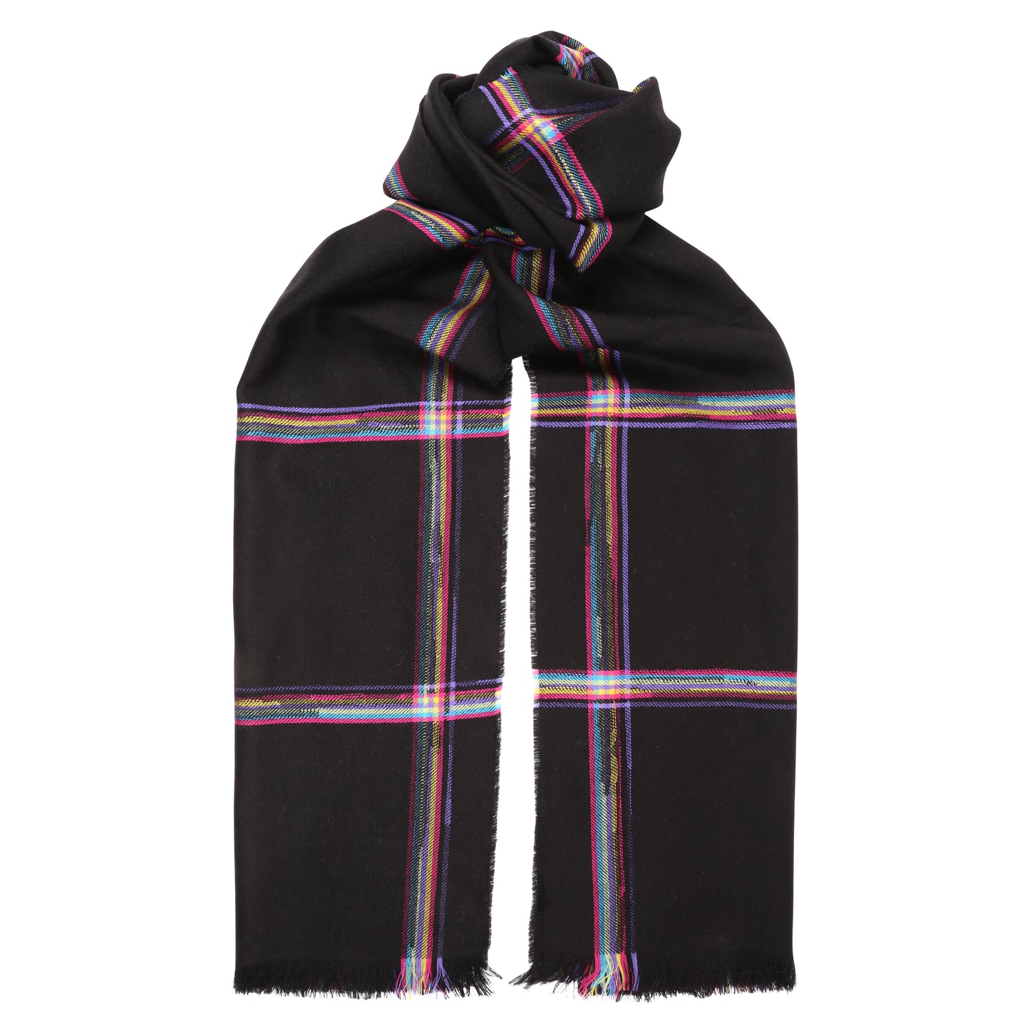 Rainbow Check / Black 100% Lambswool Long Scarf