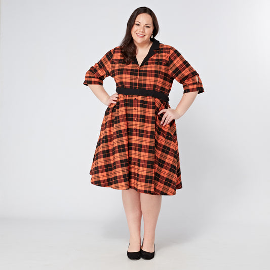 Plus-Size-Orange-Tartan-Checked-Vintage-Dress