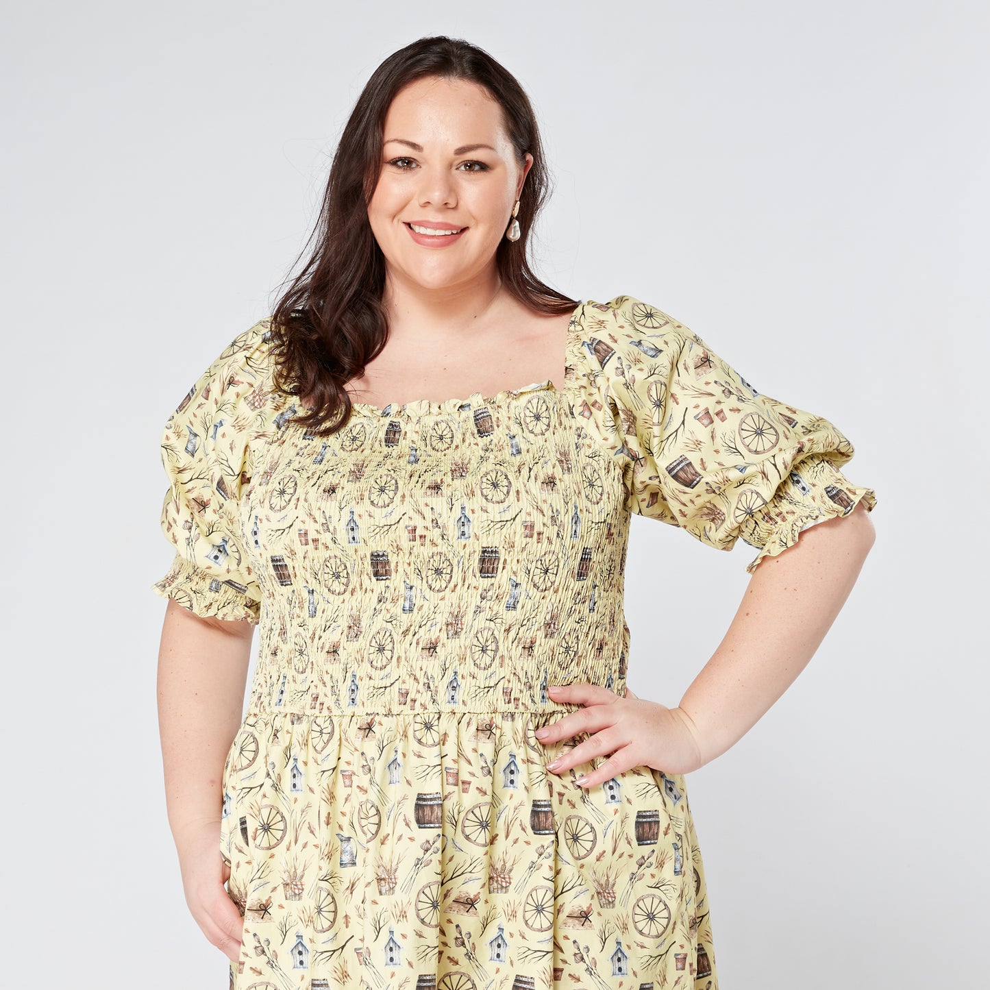Plus-Size-Shirred-Cotton-Midi-Dress-With-Sleeves