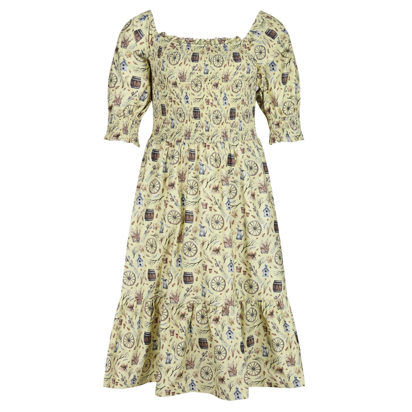 Plus-Size-Shirred-Cotton-Midi-Dress-With-Sleeves