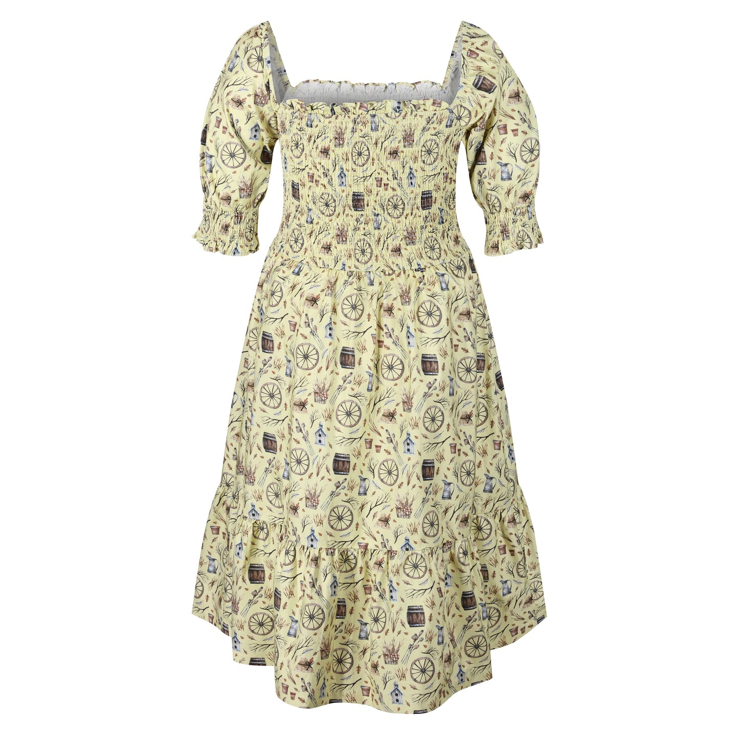 Plus-Size-Shirred-Cotton-Midi-Dress-With-Sleeves