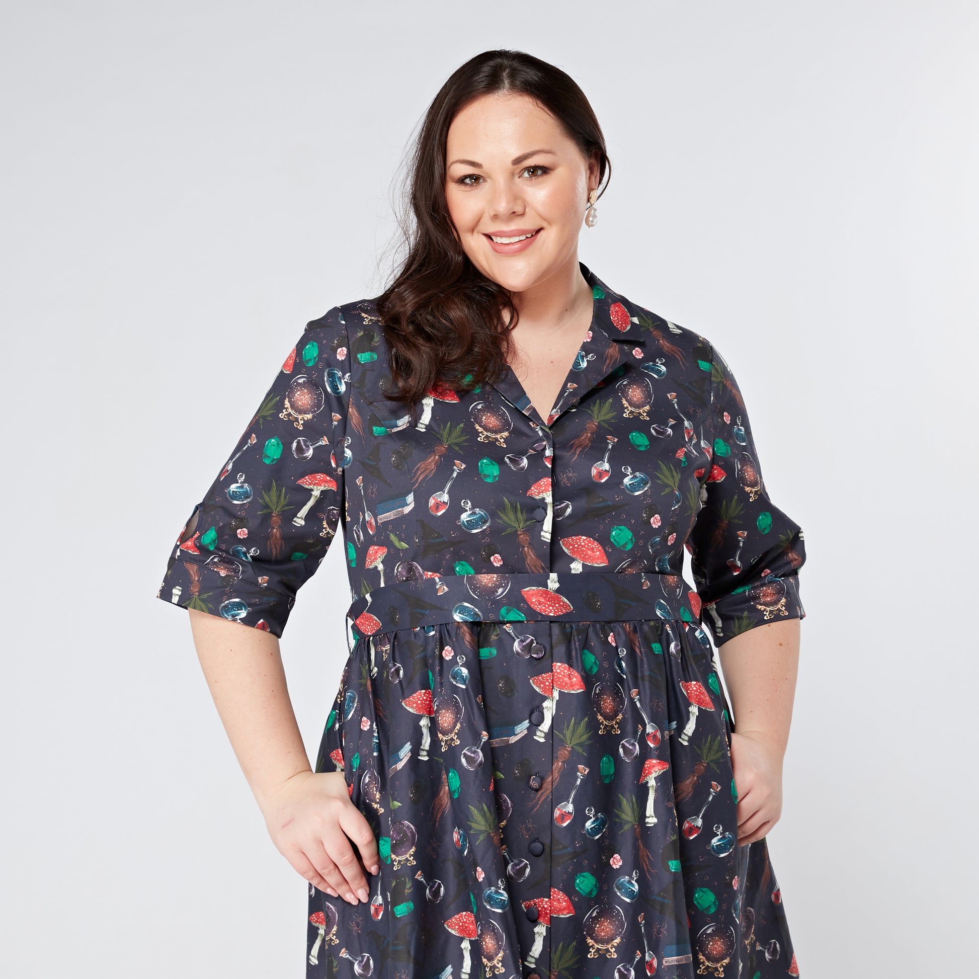 Plus-Size-Witchcraft-Print-Cotton-Shirt-Dress