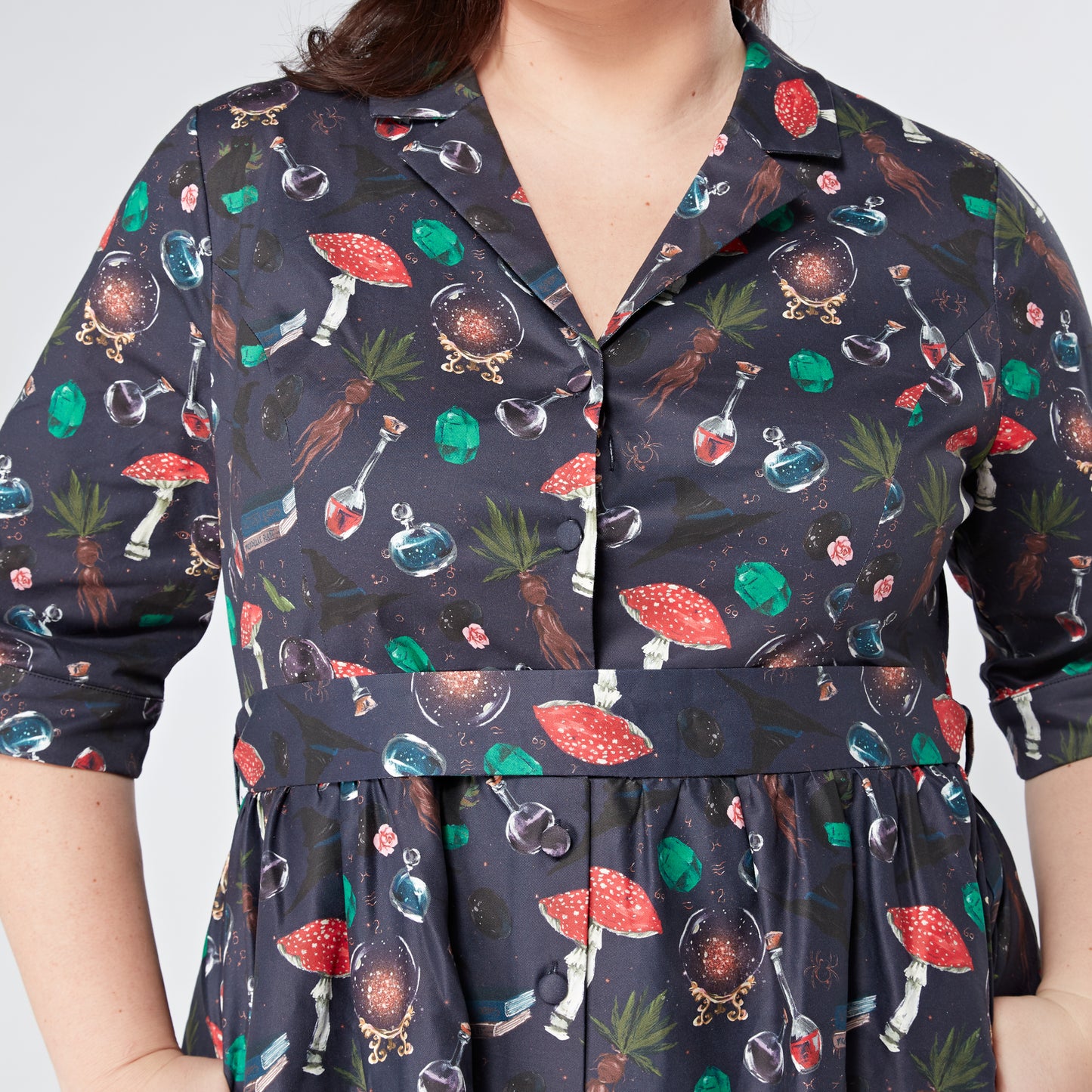 Plus-Size-Witchcraft-Print-Cotton-Shirt-Dress