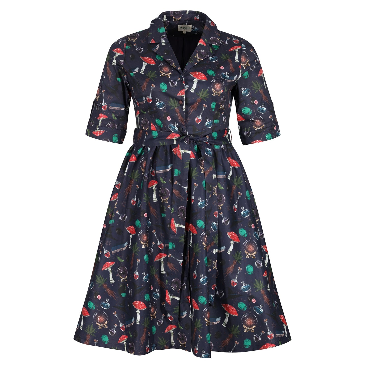 Plus-Size-Witchcraft-Print-Cotton-Shirt-Dress