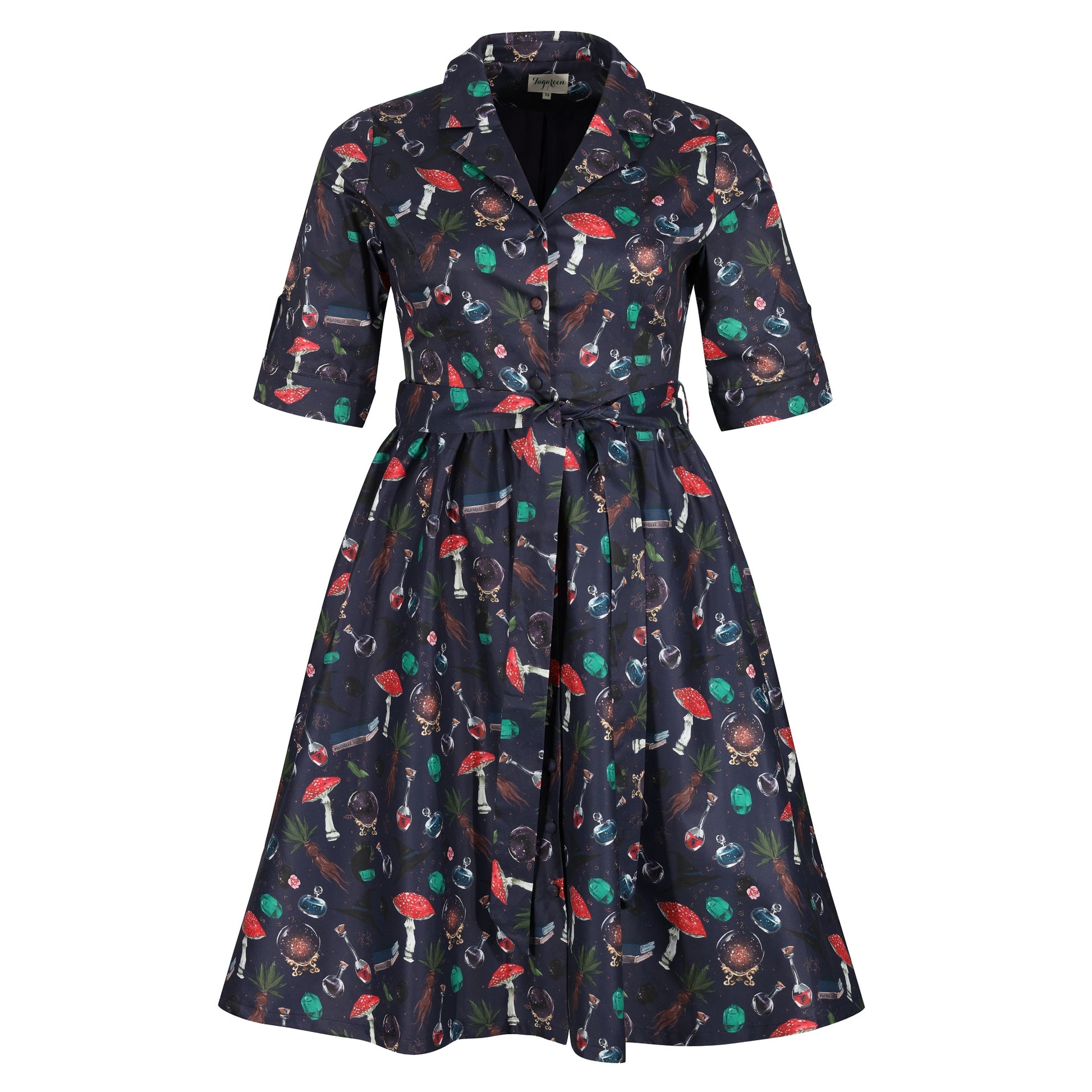 Plus-Size-Witchcraft-Print-Cotton-Shirt-Dress