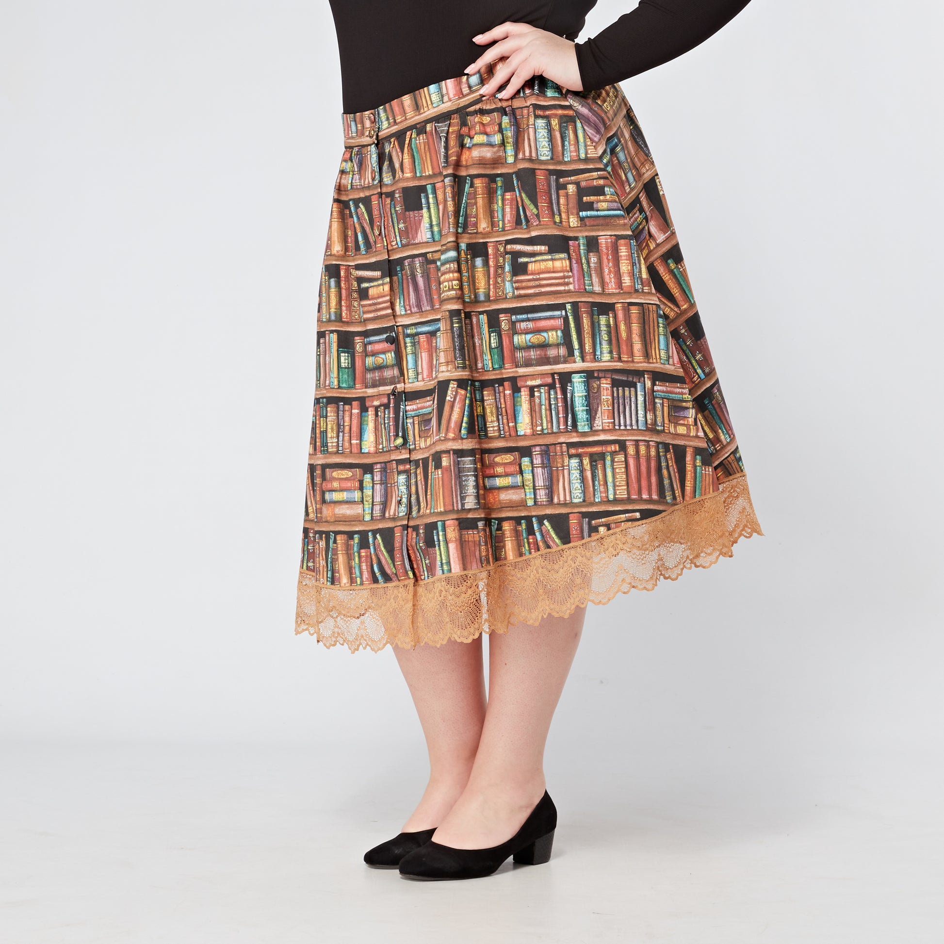 Womens-Book-Shelf-Print-Cotton-Skirt-Elasticated
