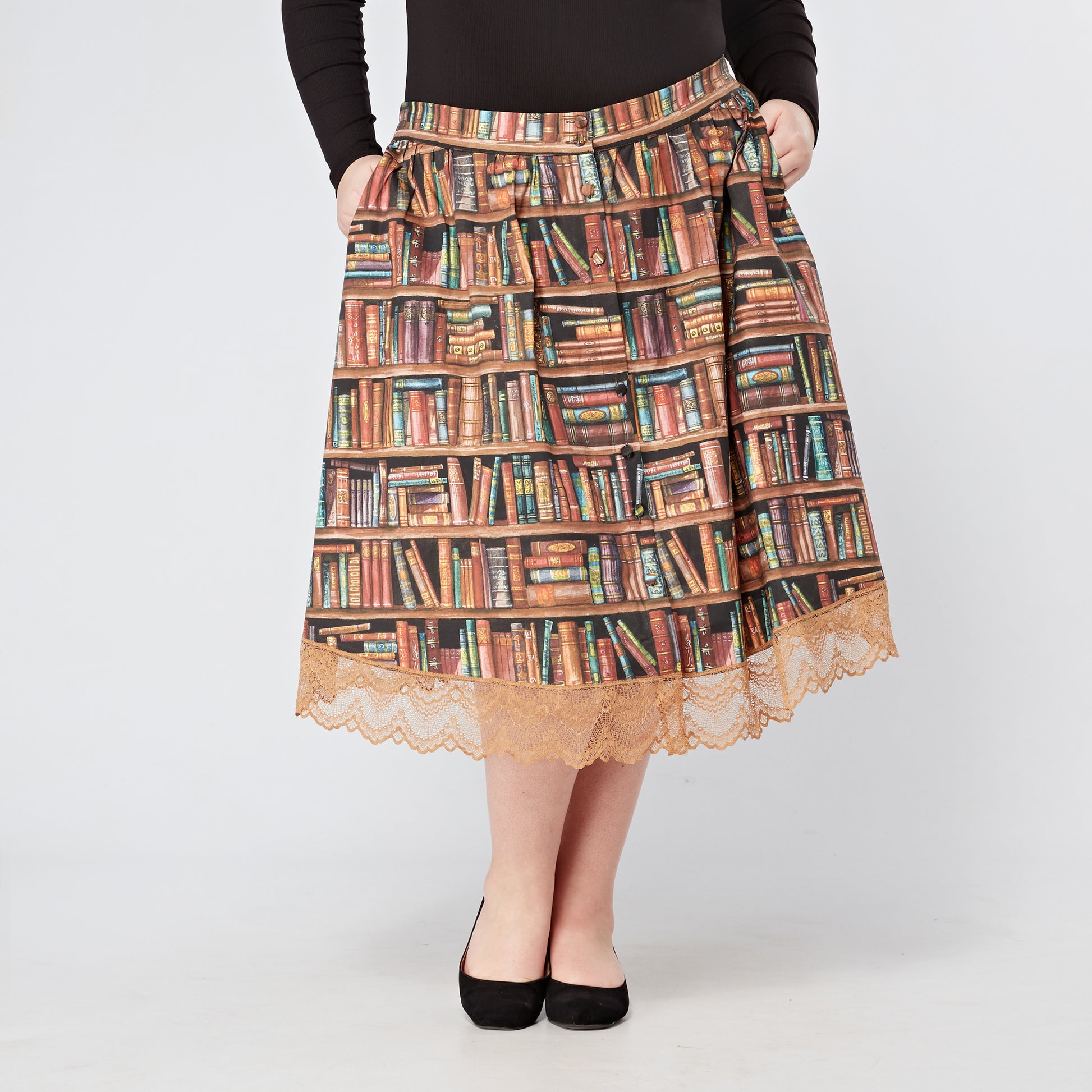 Womens-Book-Shelf-Print-Cotton-Skirt-Elasticated