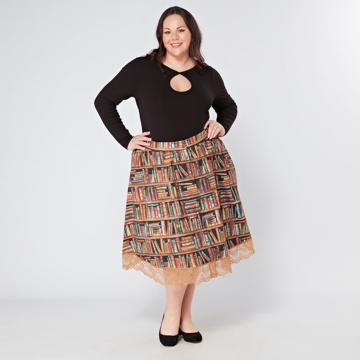 Womens-Book-Shelf-Print-Cotton-Skirt-Elasticated