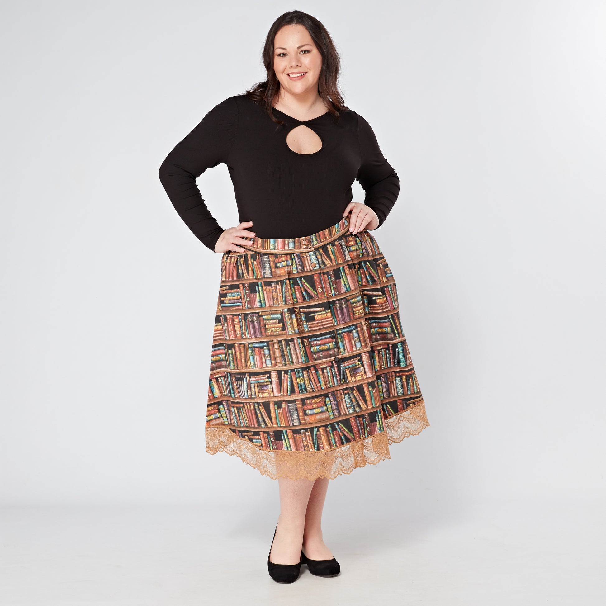 Womens-Book-Shelf-Print-Cotton-Skirt-Elasticated