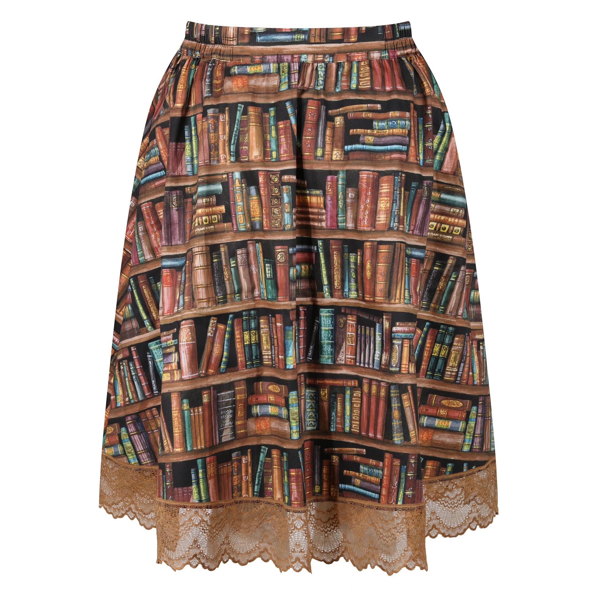 Womens-Book-Shelf-Print-Cotton-Skirt-Elasticated