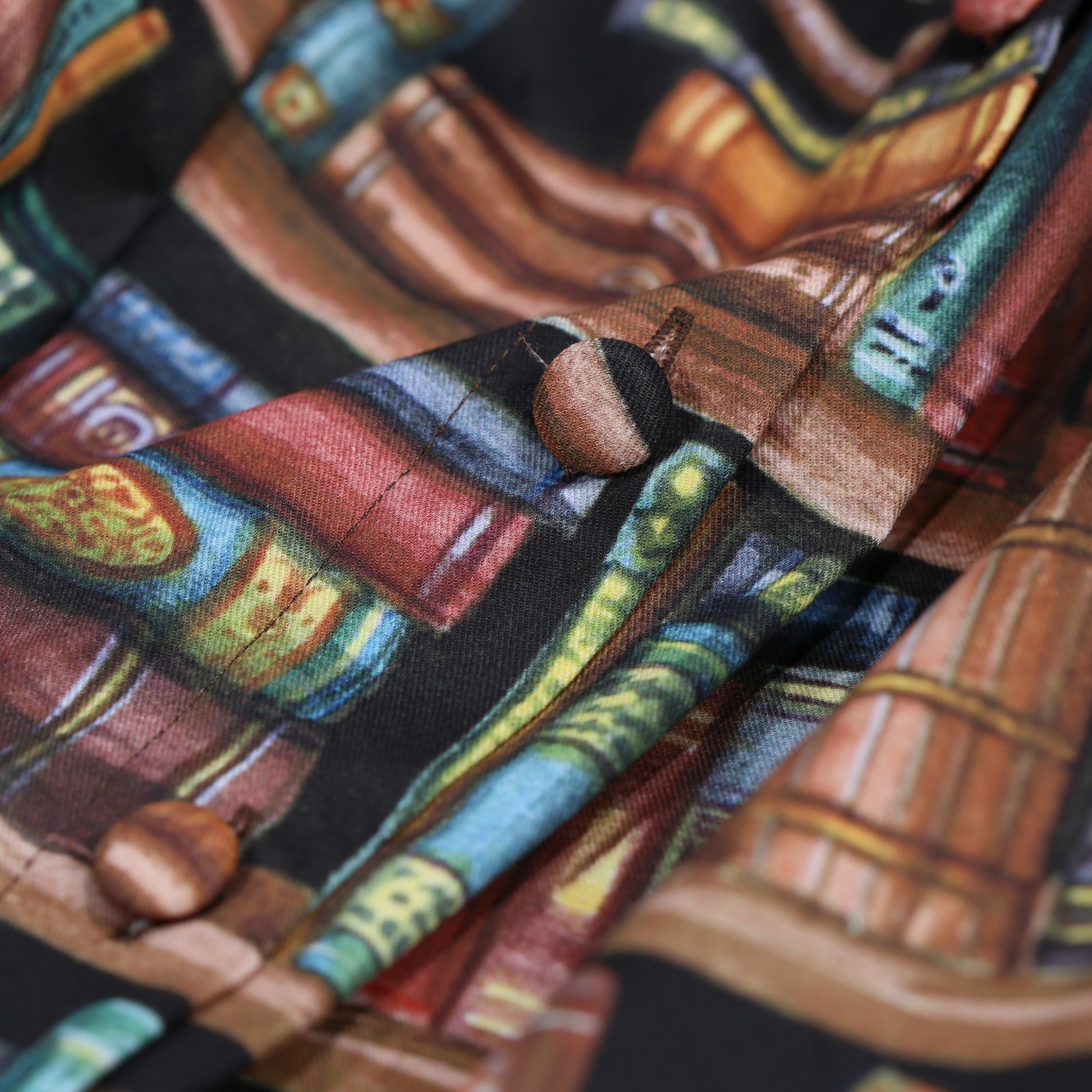 Womens-Book-Shelf-Print-Cotton-Skirt-Elasticated