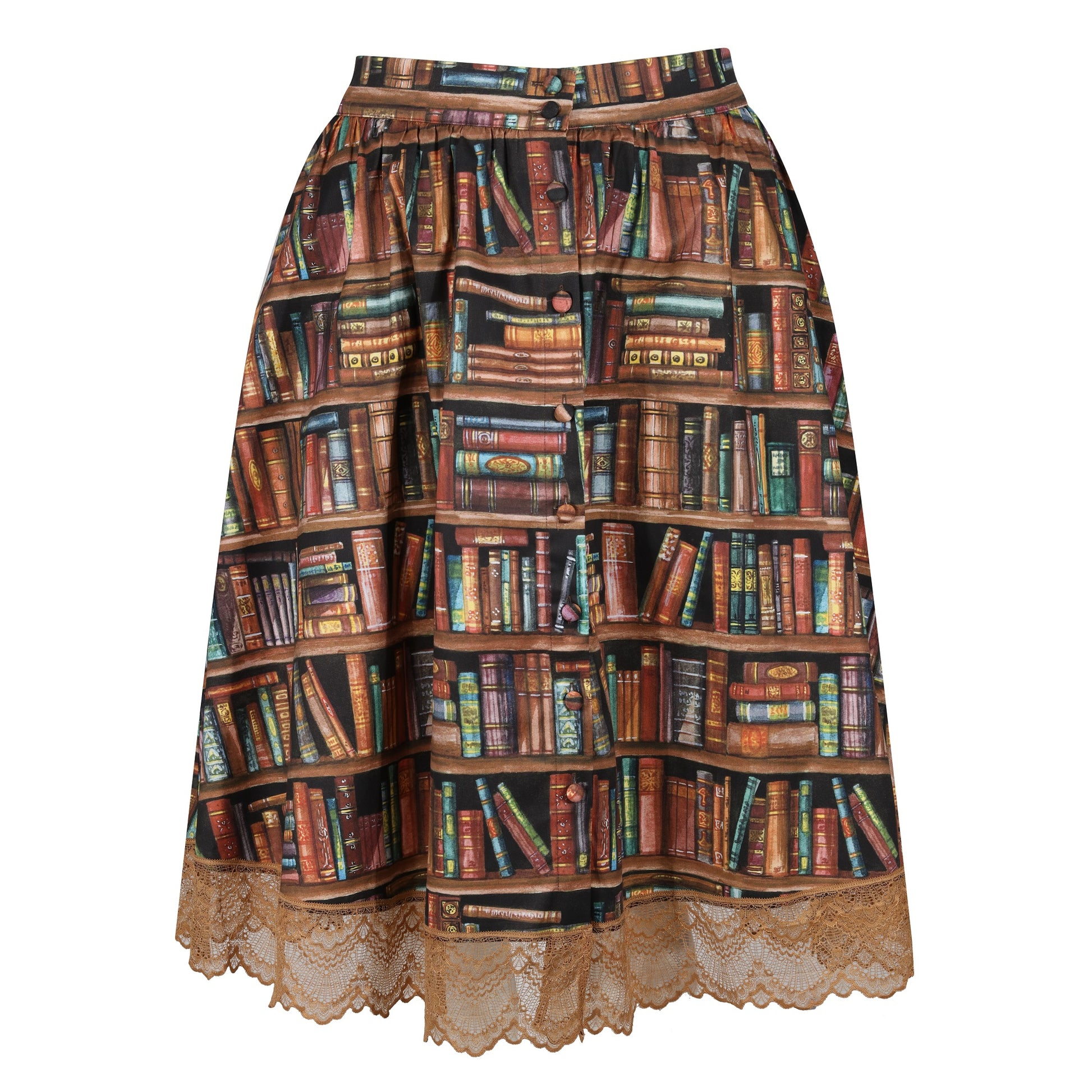 Womens-Book-Shelf-Print-Cotton-Skirt-Elasticated