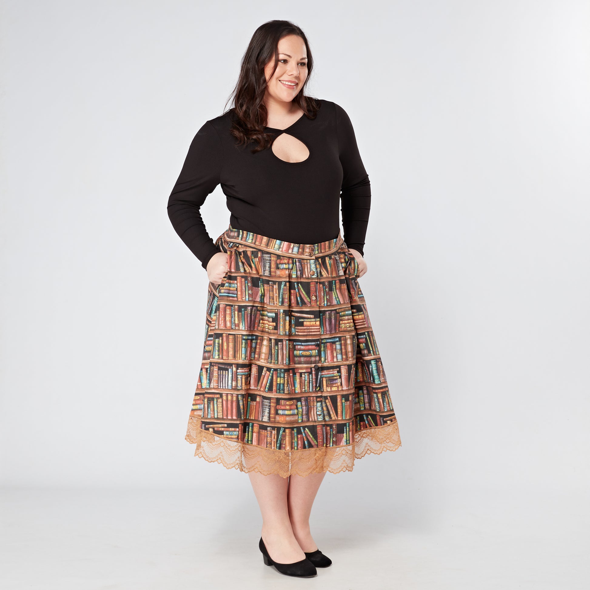 Womens-Book-Shelf-Print-Cotton-Skirt-Elasticated