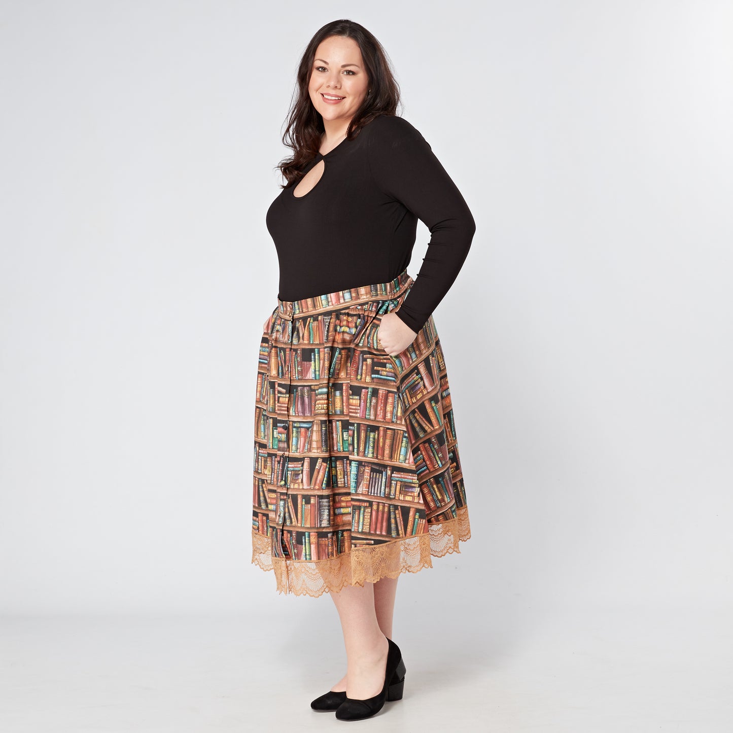 Womens-Book-Shelf-Print-Cotton-Skirt-Elasticated