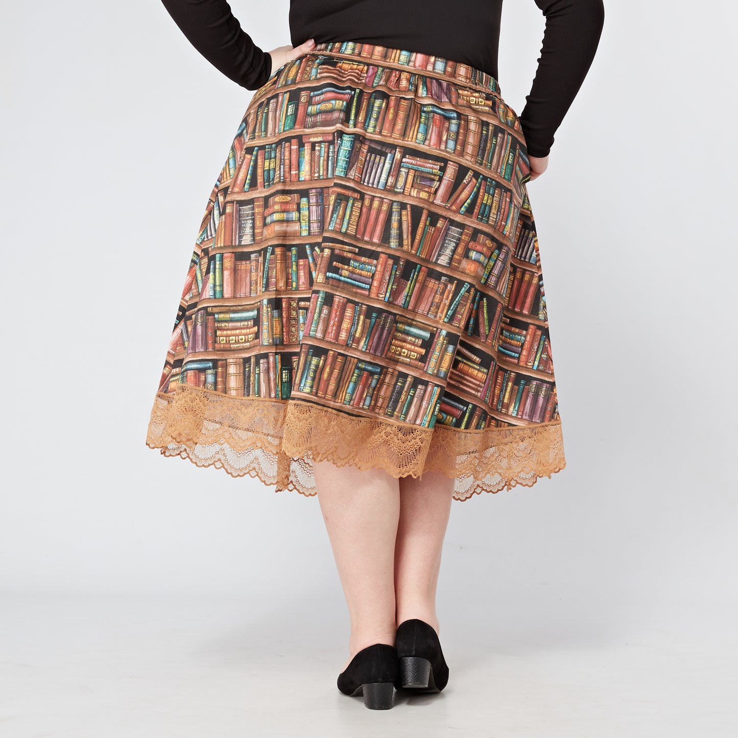 Womens-Book-Shelf-Print-Cotton-Skirt-Elasticated