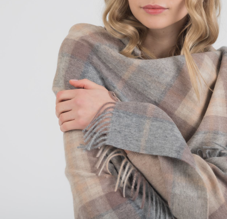 Natural Beige & Grey Check Lambswool Stole / Large Blanket Scarf