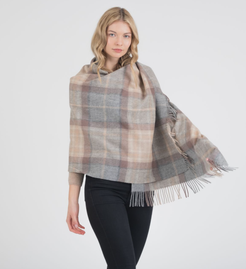 Natural Beige & Grey Check Lambswool Stole / Large Blanket Scarf