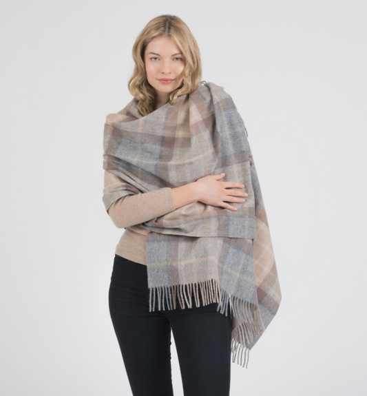Natural Beige & Grey Check Lambswool Stole / Large Blanket Scarf