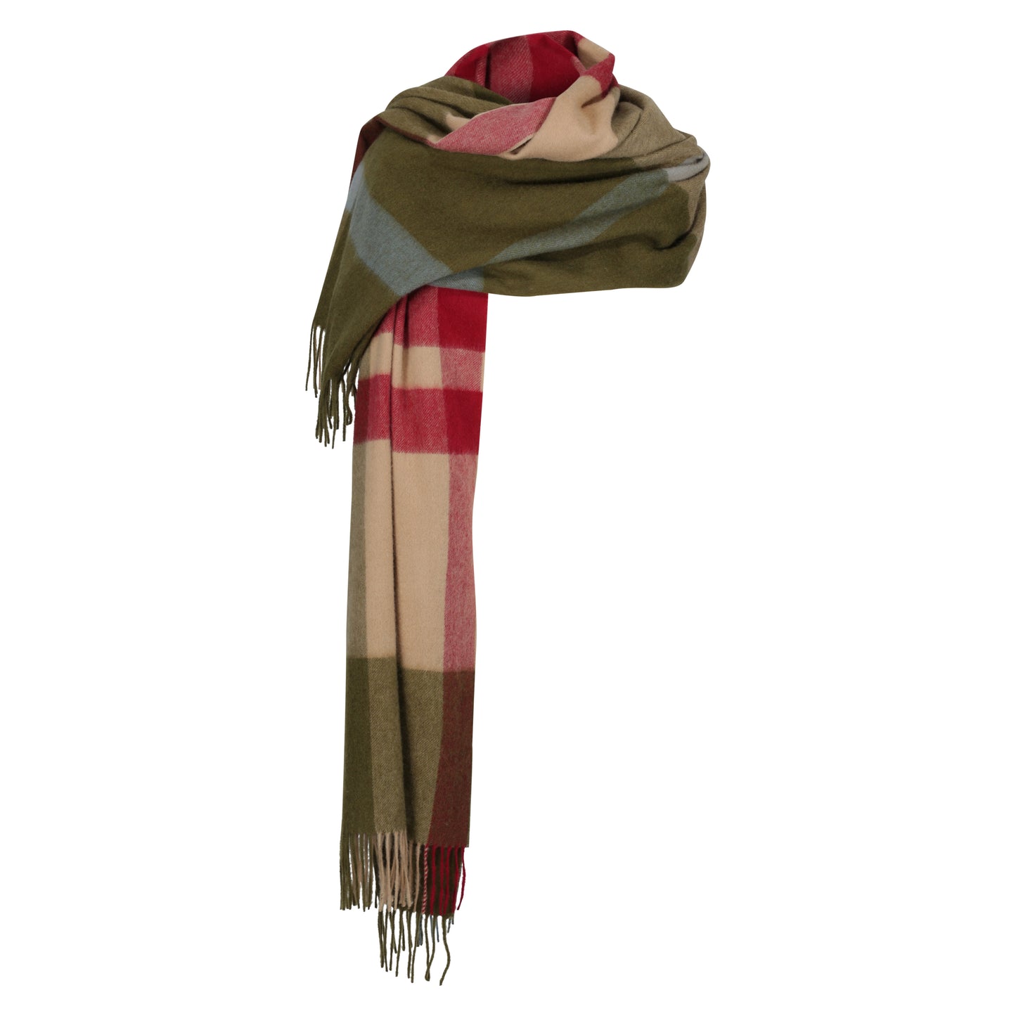 100% Lambswool Mountain Check Green, Red & Ecru Stole Blanket Scarf