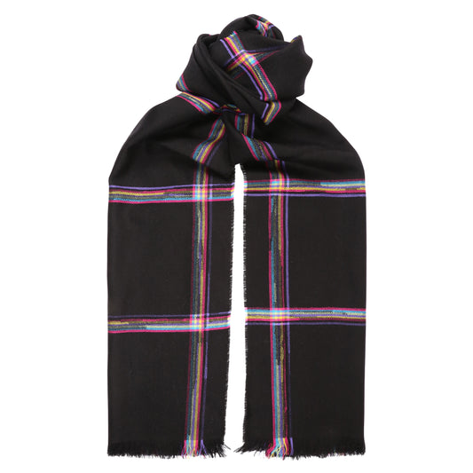 Rainbow Check / Black 100% Lambswool Long Scarf