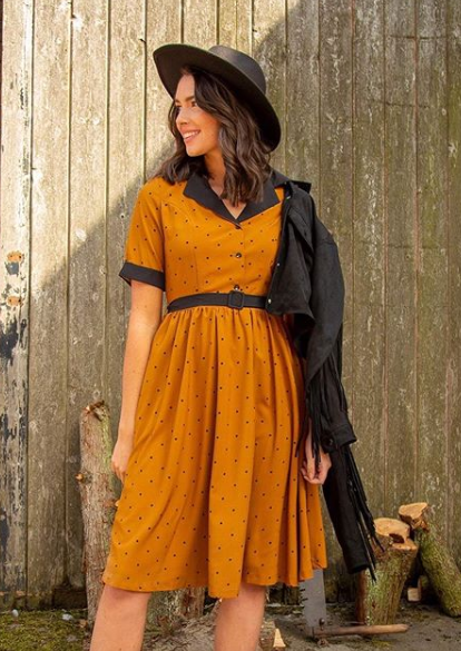 Lindy Bop 'Bletchley' Mustard Polka Dot Vintage 1950s Shirt Dress