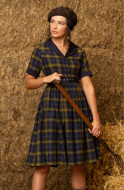 Lindy Bop Bletchley Navy Green Tartan Check Plaid Vintage Shirt Dress