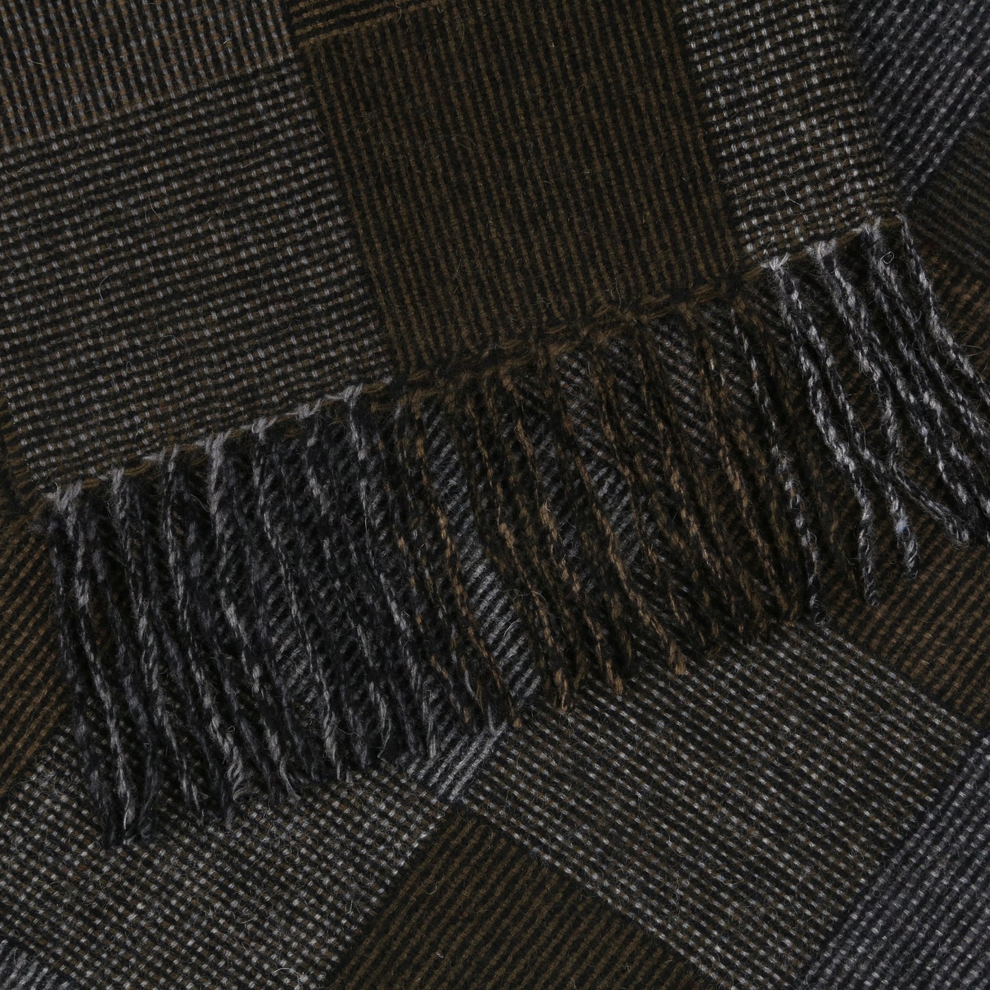 Olive Green & Grey Block Hopsack Checked 100% Wool Long Scarf