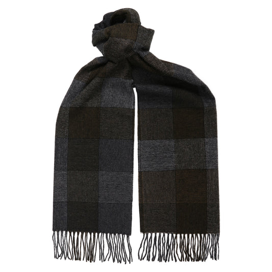 Olive Green & Grey Block Hopsack Checked 100% Wool Long Scarf