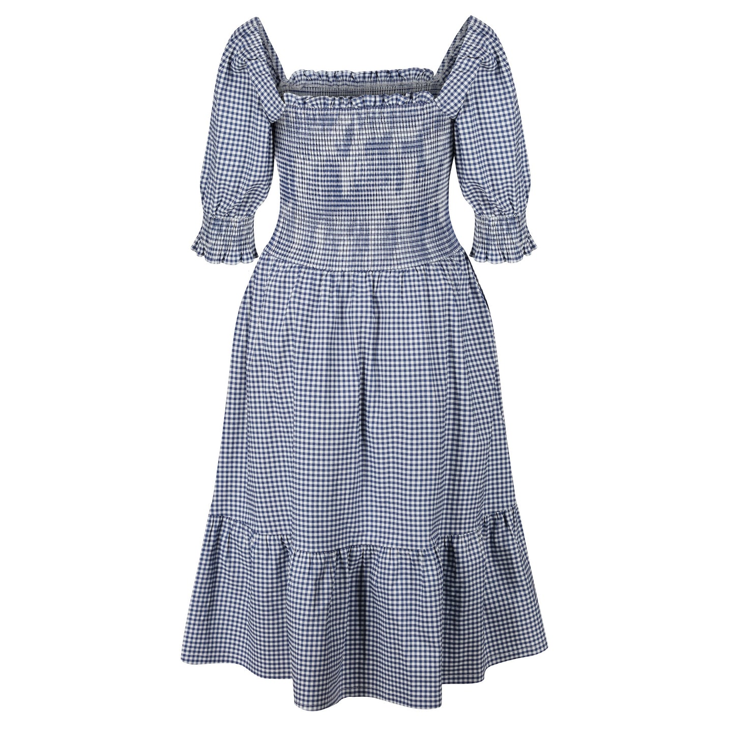 'Meadow' Blue Gingham Shirred Midi Dress