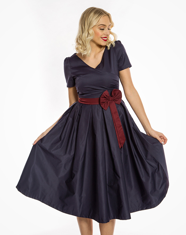 Lindy Bop 'Gina' Navy Blue Box Pleated Vintage 1950s Swing Dress