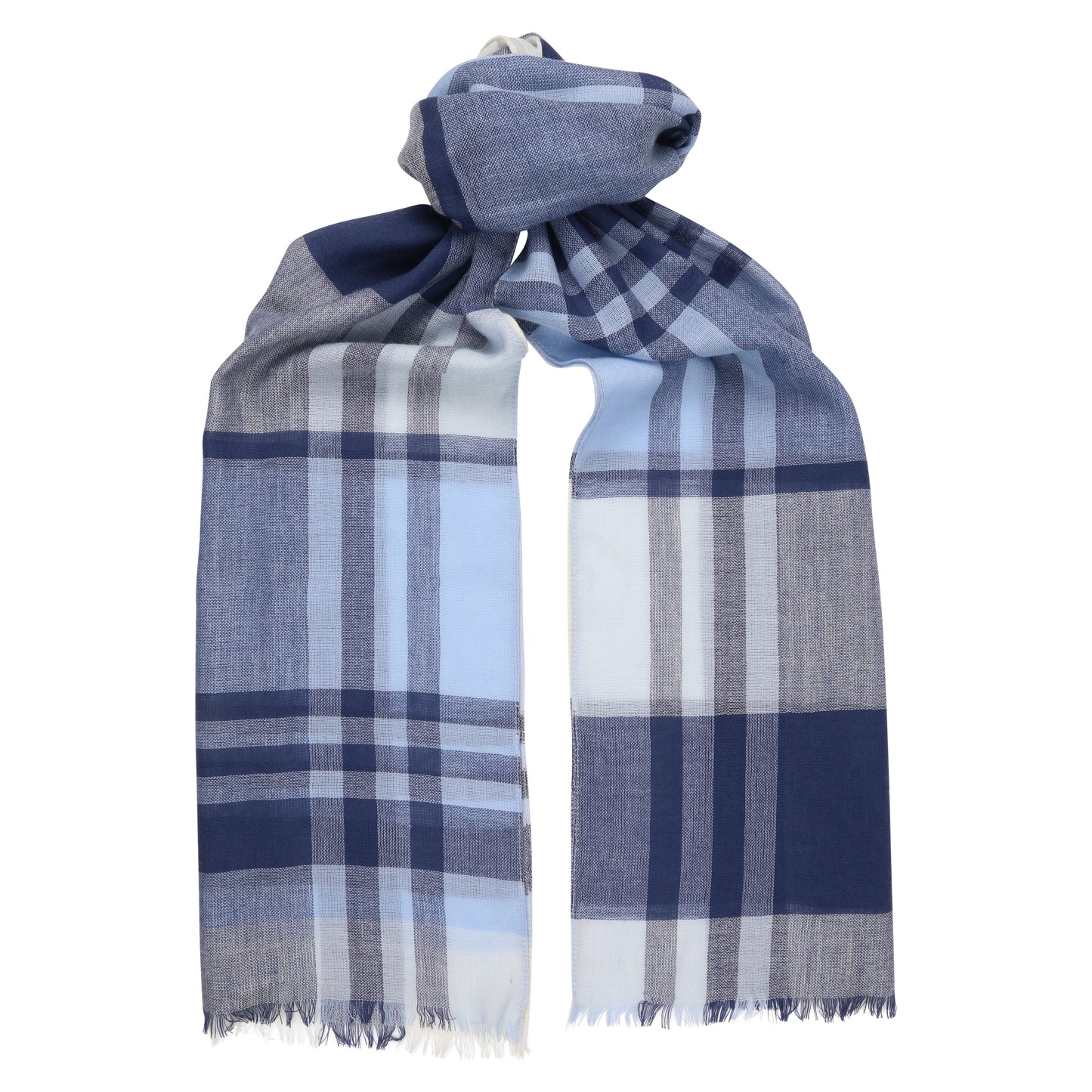 Blue Glacier Check Lightweight Lambswool Cashmere Long Scarf