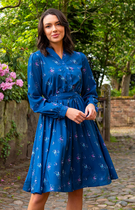 Lindy Bop Ivory Teal Rose Print Vintage 1950s Garden Party Shirt Dress