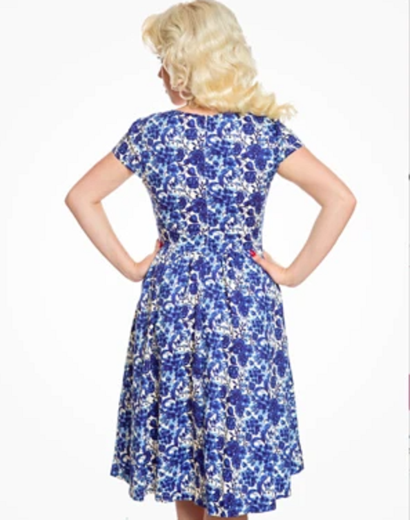 Lindy Bop 'Magnolia' Blue Watercolour Floral Vintage Cotton Swing Dress