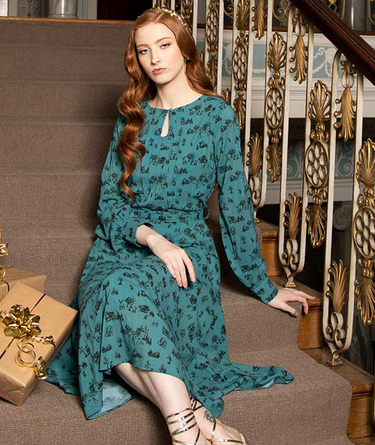 Lindy Bop 'Mallory' Vintage Winter Scene Print Long Sleeve Midi Swing Dress