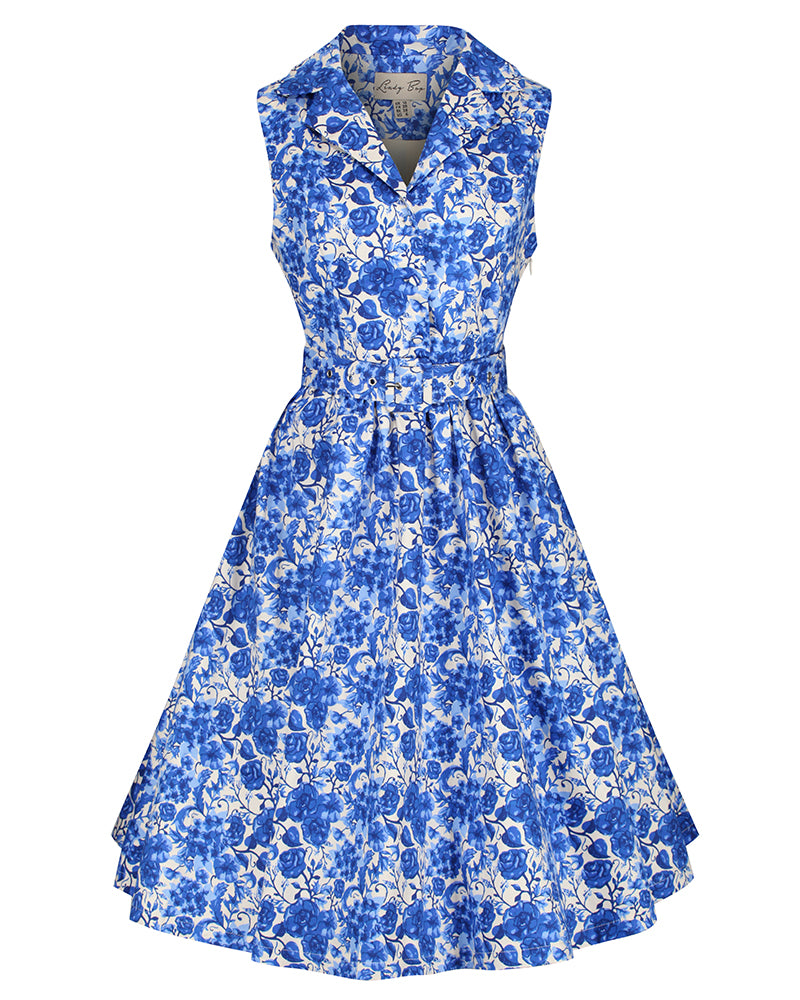Lindy Bop 'Matilda' Blue Watercolour Floral Vintage Cotton Swing Dress