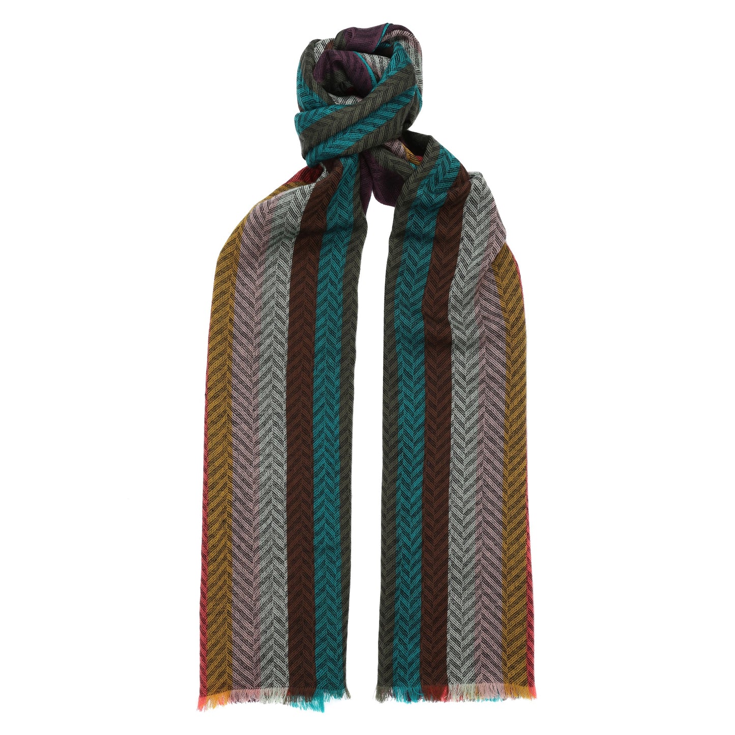 Multicoloured Herringbone Striped 100% Lambswool Long Scarf