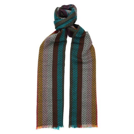 Multicoloured Herringbone Striped 100% Lambswool Long Scarf