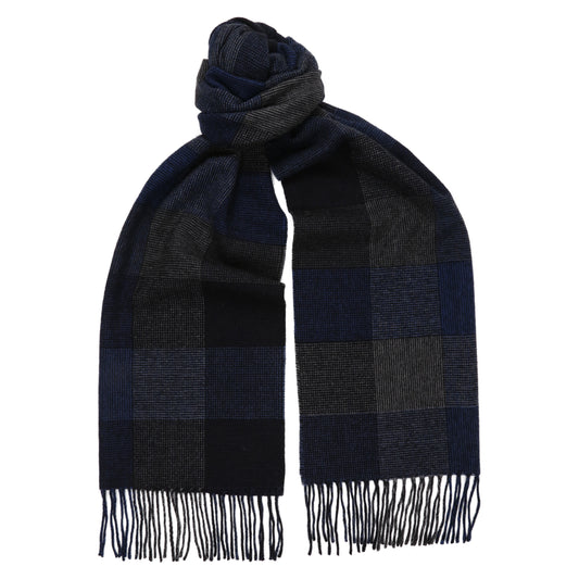 Navy Blue & Grey Block Hopsack Checked 100% Wool Long Scarf