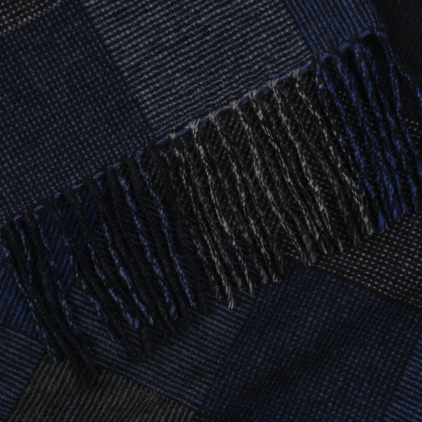 Navy Blue & Grey Block Hopsack Checked 100% Wool Long Scarf