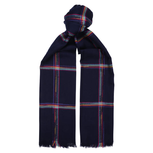 Rainbow Check / Navy Blue 100% Lambswool Long Scarf