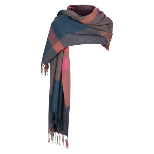 Blue & Dusky Pink Large Check 100% Lambswool Blanket Scarf