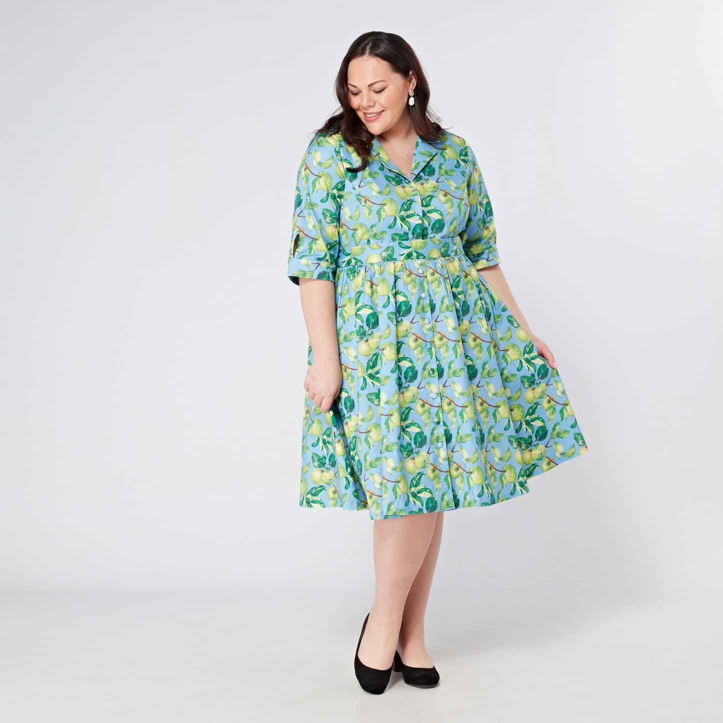 Plus-Size-Apple-Print-Cotton-Shirt-Dress