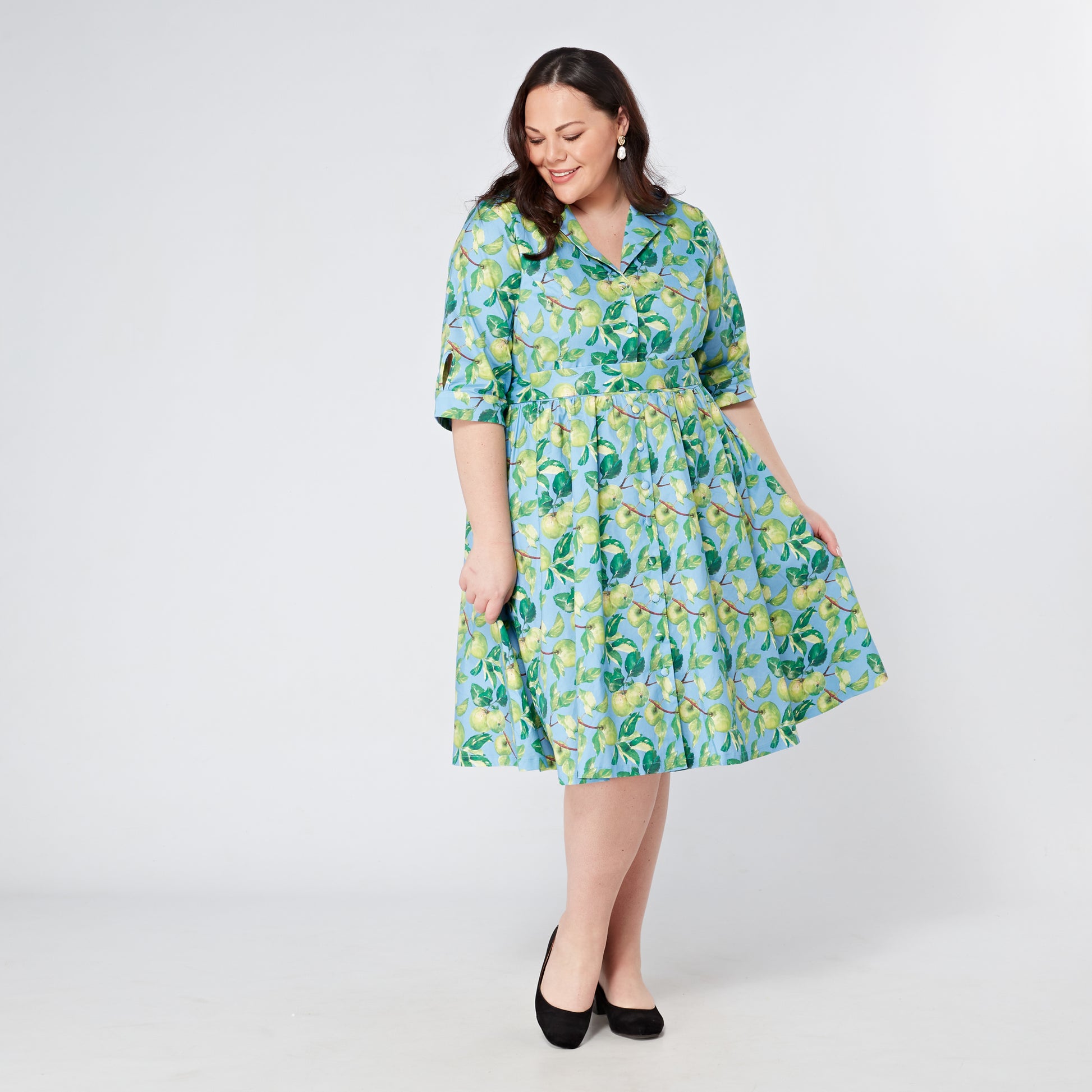 Plus-Size-Apple-Print-Cotton-Shirt-Dress