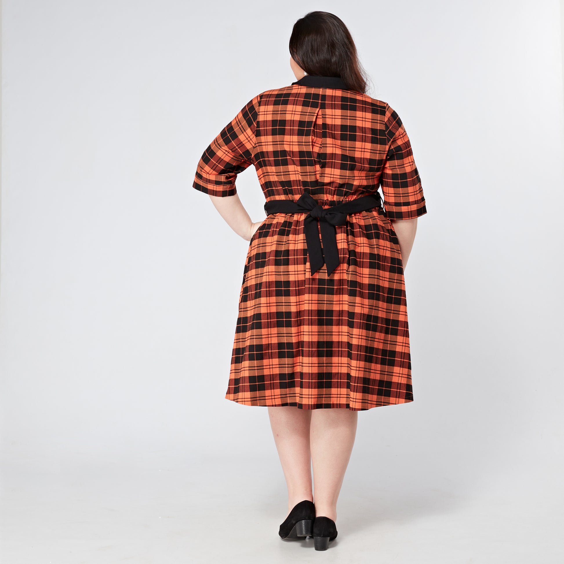 Plus-Size-Orange-Tartan-Checked-Vintage-Dress