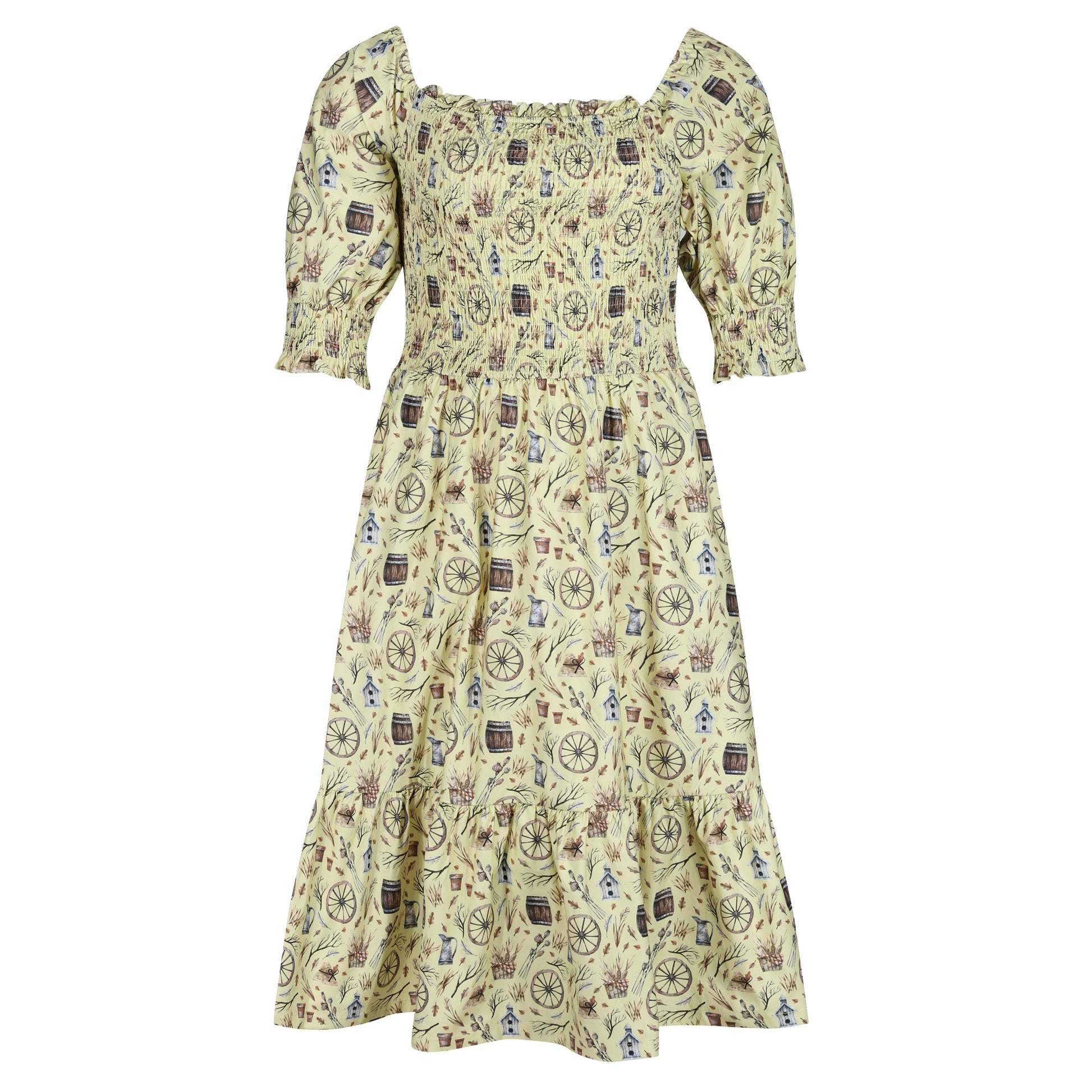 Plus-Size-Shirred-Cotton-Midi-Dress-With-Sleeves