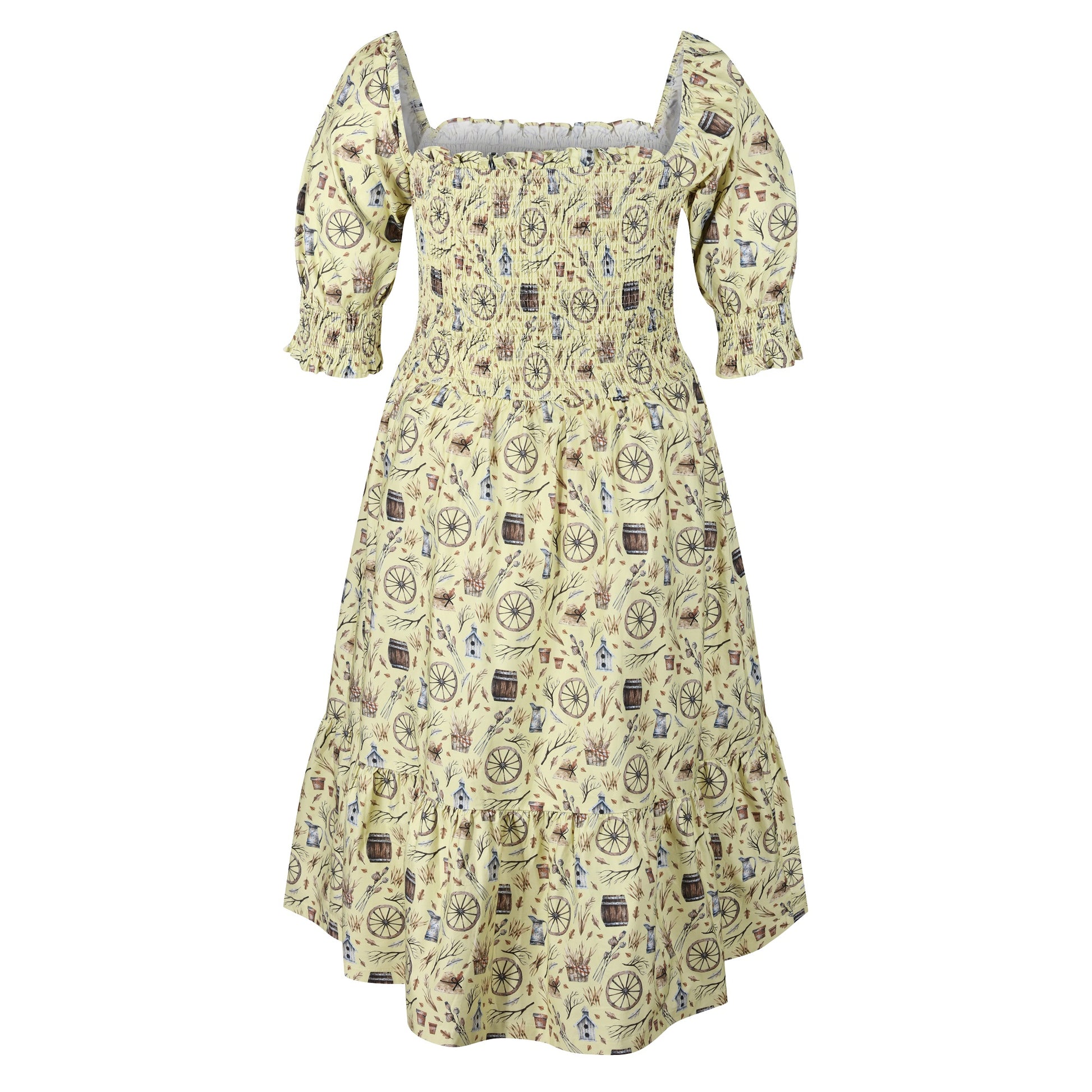 Plus-Size-Shirred-Cotton-Midi-Dress-With-Sleeves