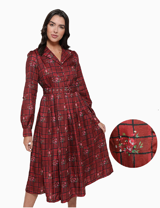 Lindy Bop 'Shannon' Vintage Red Rose Plaid Check Midi Shirt Dress