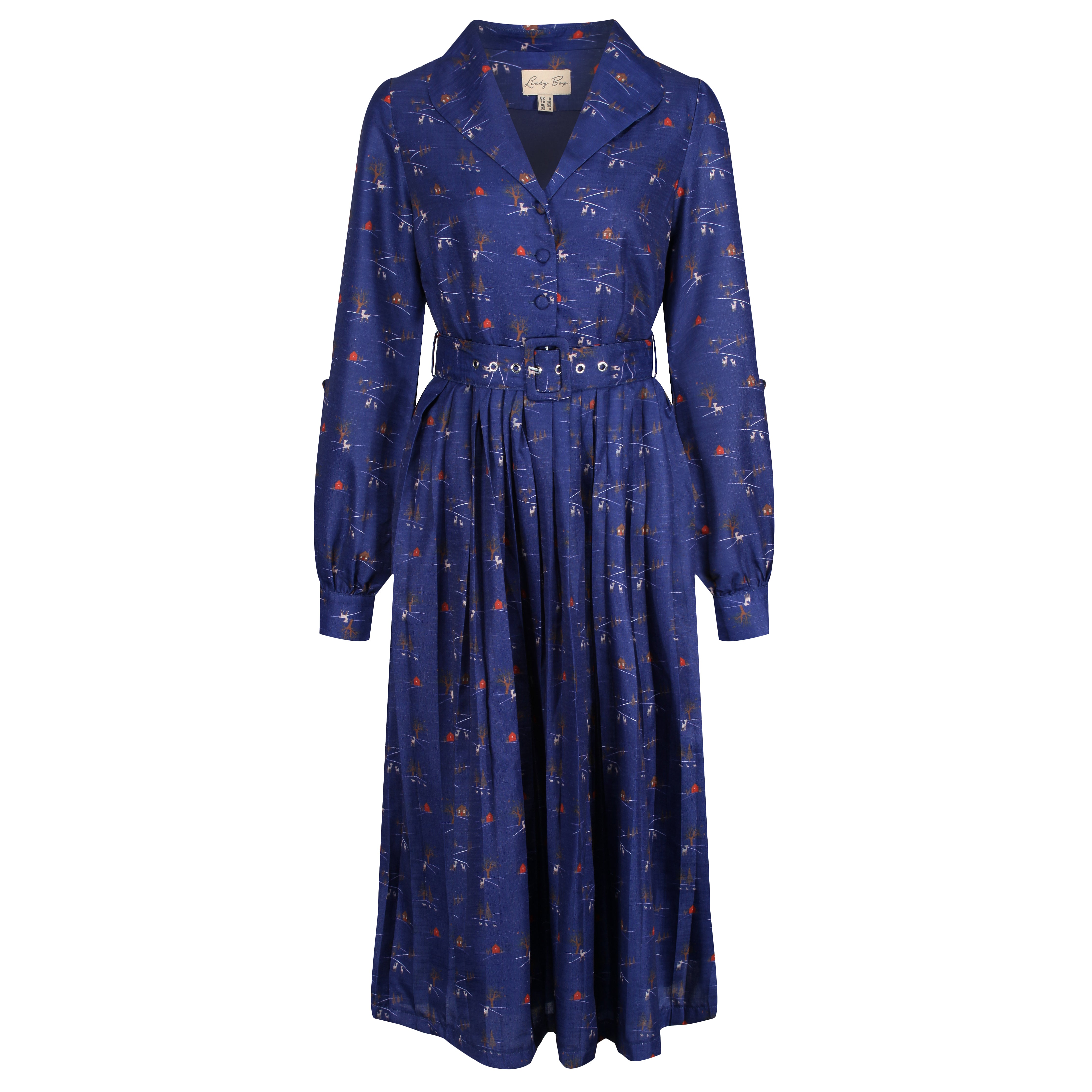 Women s Blue Winter Scene Print Vintage 1950s Midi Dress Lindy