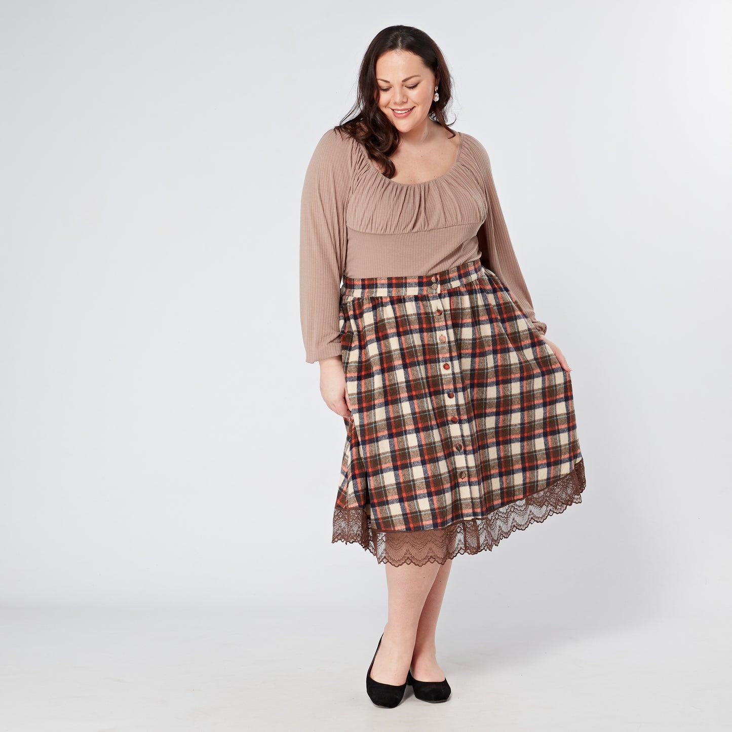 'Clover' Button Through Swing Skirt in Rustic Plaid