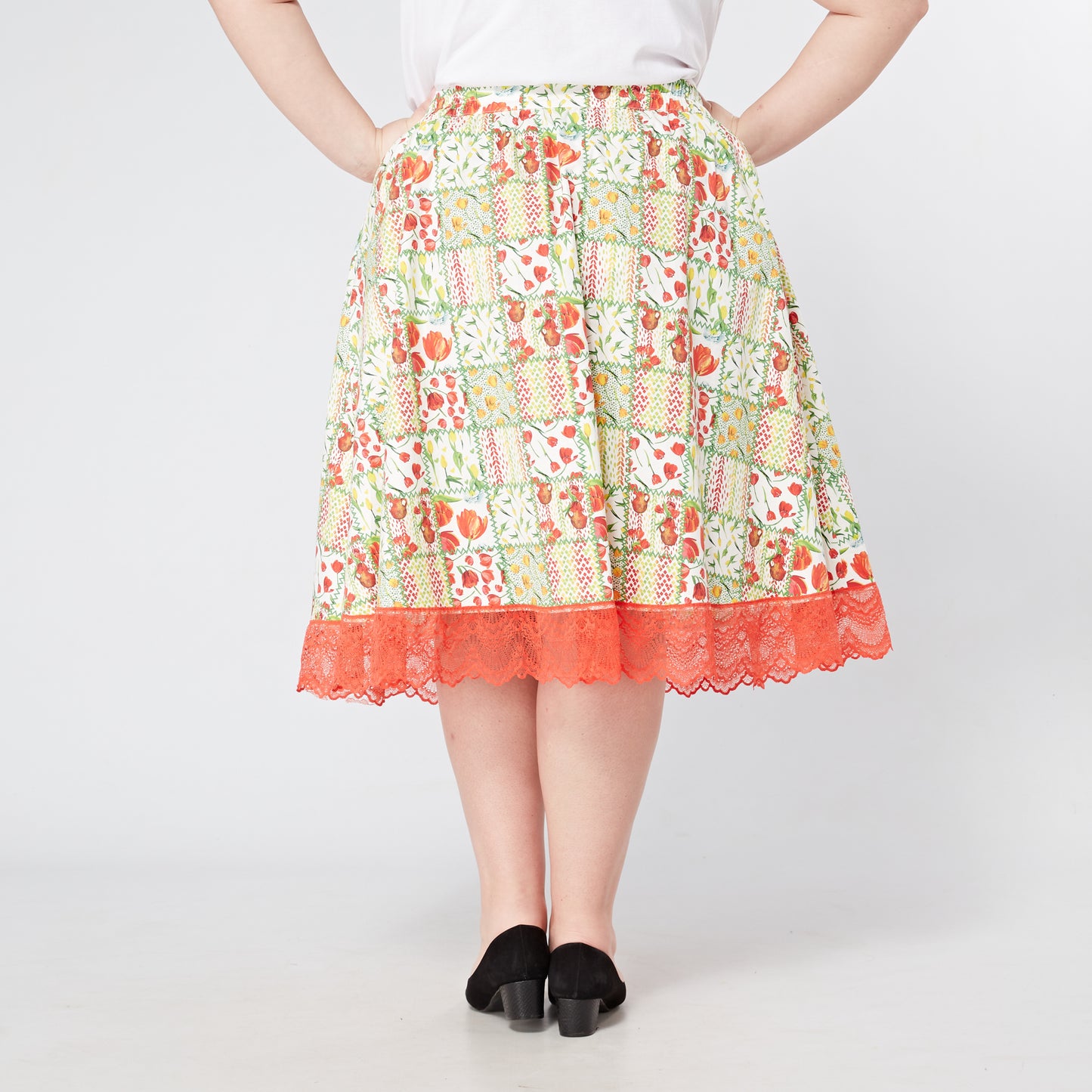 'Clover' Button Through Swing Skirt in Patchwork Floral